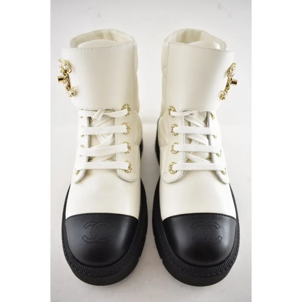 Chanel 24B White Quilt Gold CC Chain Combat Black Platform Ankle Short Boots 37c - Picture 11 of 16